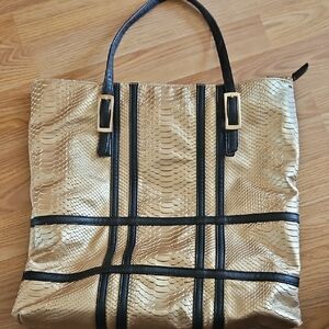 Gold Textured Tote Bag with Black Trim